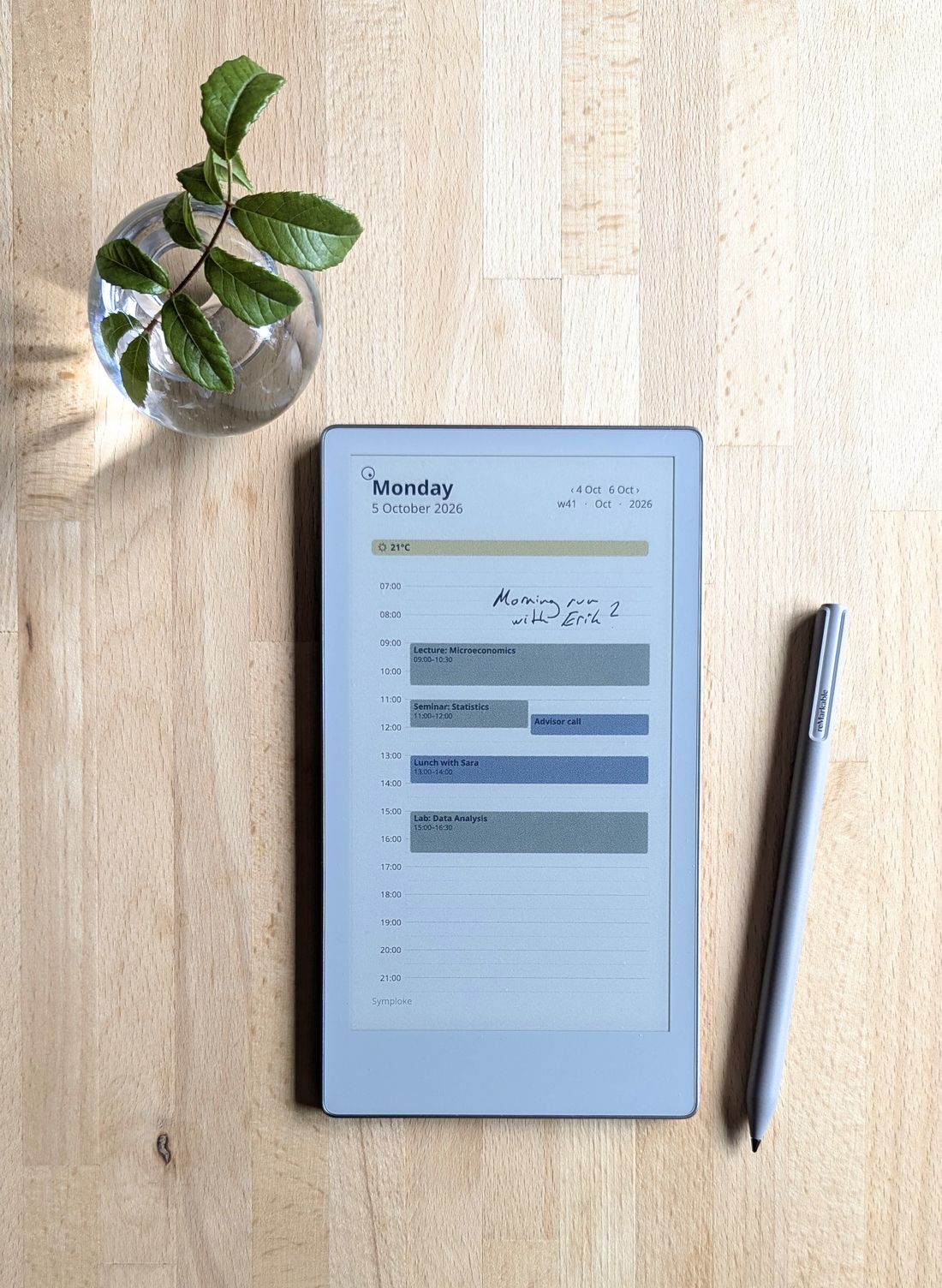 A Symploke daily-agenda planner on a reMarkable tablet